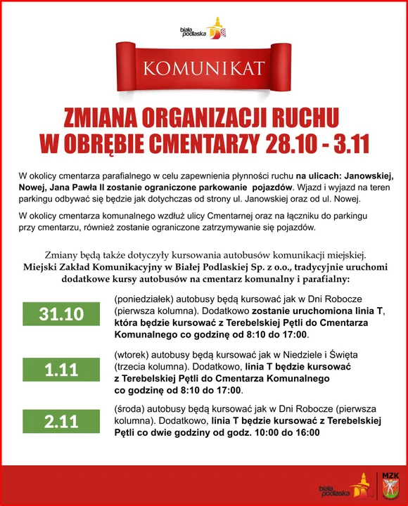 Biała Podlaska: Zmiana organizacji ruchu w okolicy cmentarzy oraz świąteczny rozkład jazdy - Zdjęcie główne