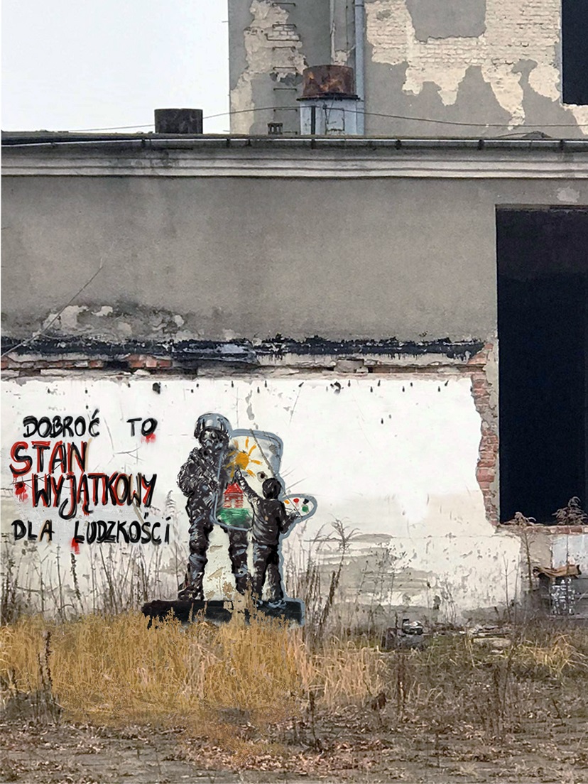 Biała Podlaska : Graffiti na opuszczonym budynku. Nawiązuje do sytuacji na granicy - Zdjęcie główne