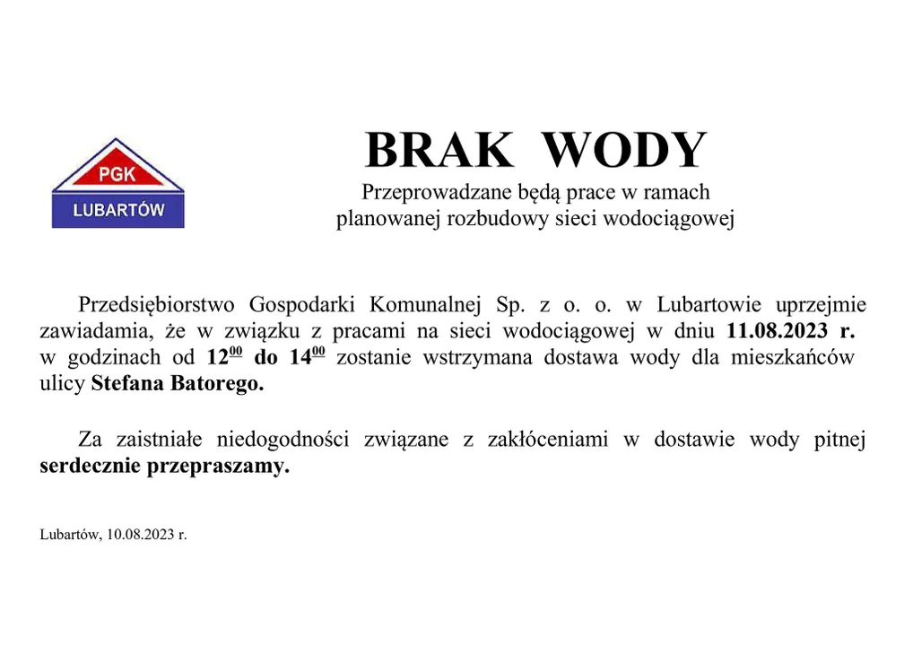 Na ul. Batorego w Lubartowie zabraknie wody. Komunikat PGK - Zdjęcie główne