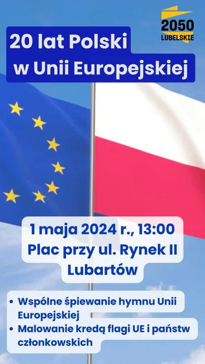 Lubartów: obchody dwudziestolecia Polski w UE. Będą śpiewać hymn UE i Polski - Zdjęcie główne