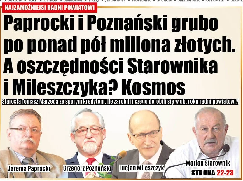 Najzamożniejsi radni powiatowi Paprocki i Poznański zarobili w ubiegłym roku grubo ponad pół miliona złotych. A oszczędności Starownika i Mileszczyka? Kosmos - Zdjęcie główne