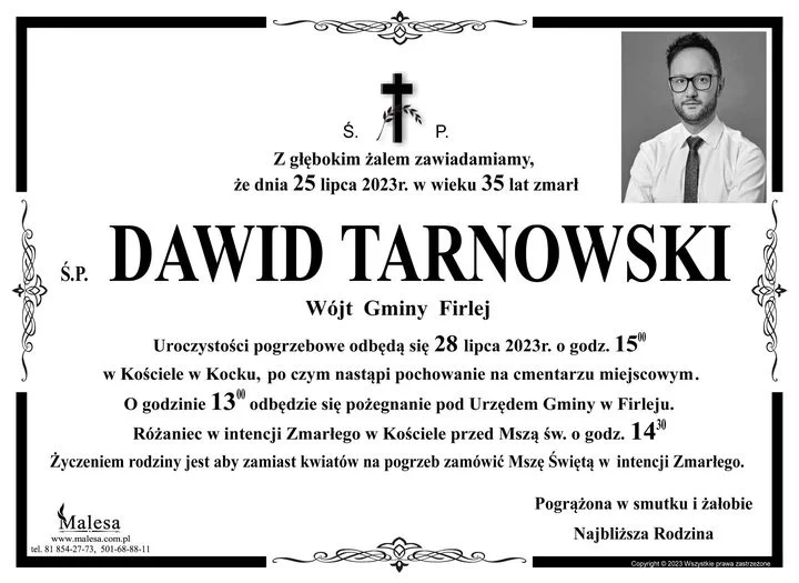 Dziś pogrzeb Dawida Tarnowskiego. Firlej w żałobie po młodym wójcie - Zdjęcie główne