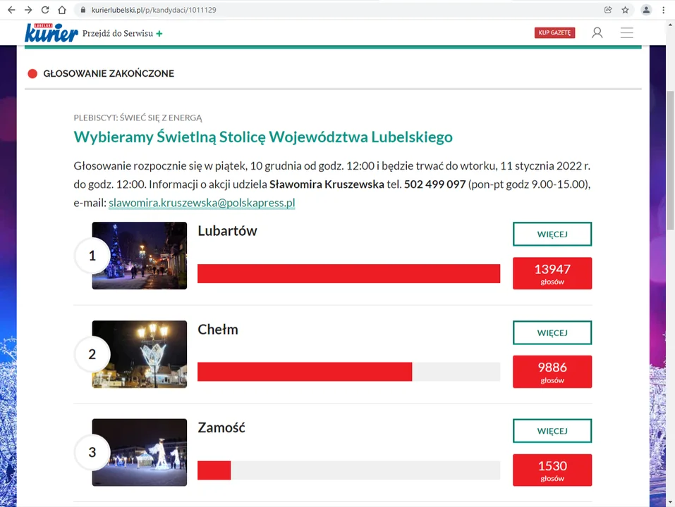 Lubartów Świetlną Stolicą Województwa Lubelskiego, Prawie 14 tys. głosów - Zdjęcie główne