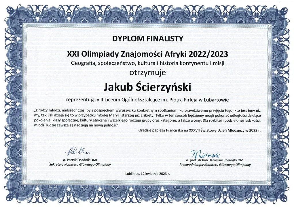 Jakub Ścierzyński z II LO w Lubartowie finalistą XXI Olimpiady Znajomości Afryki - Zdjęcie główne
