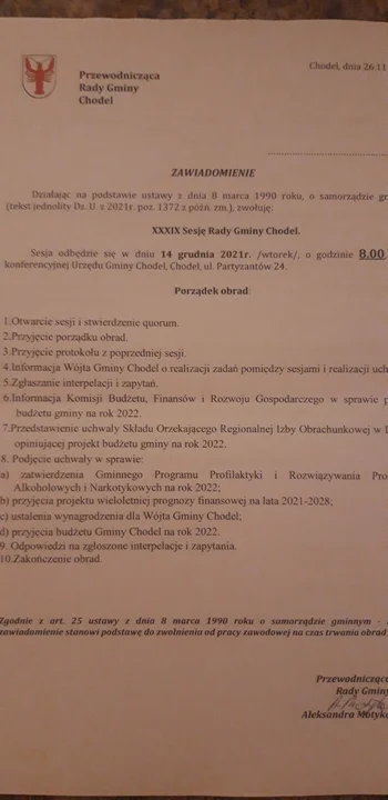 Na 14 grudnia zwołana została 39.sesja Rady Gminy Chodel