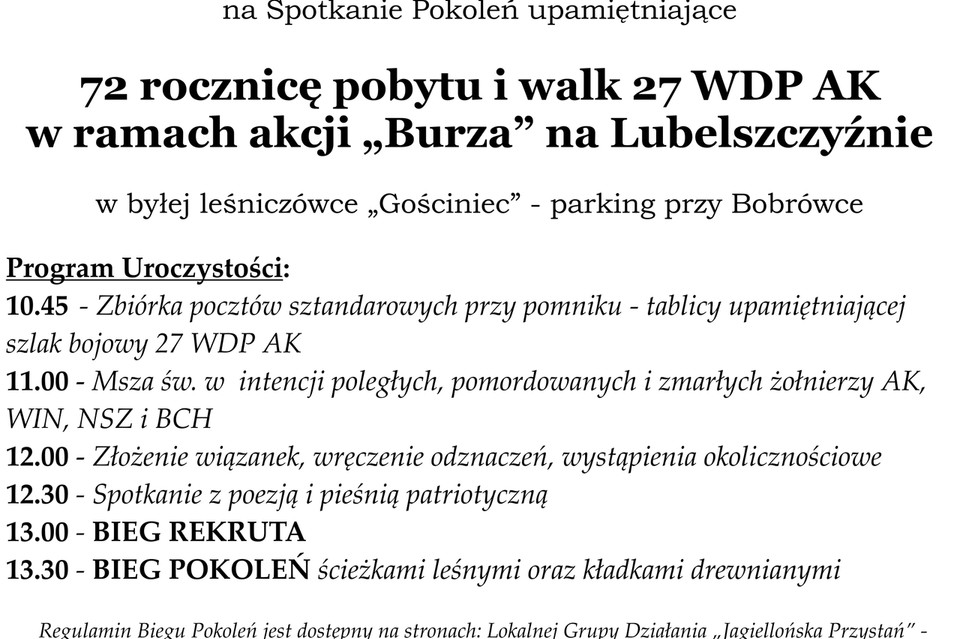 Spotkanie Pokoleń w 72 rocznicę walk 27 Wołyńskiej Dywizji Piechoty AK i Bieg Pokoleń - Zdjęcie główne