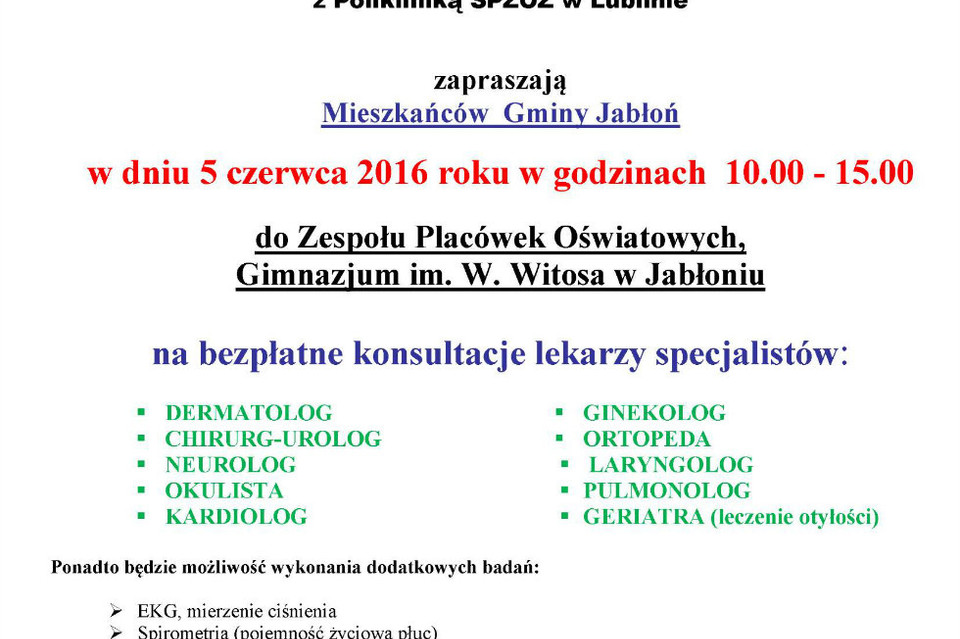 Bezpłatne konsultacje lekarzy specjalistów - Zdjęcie główne