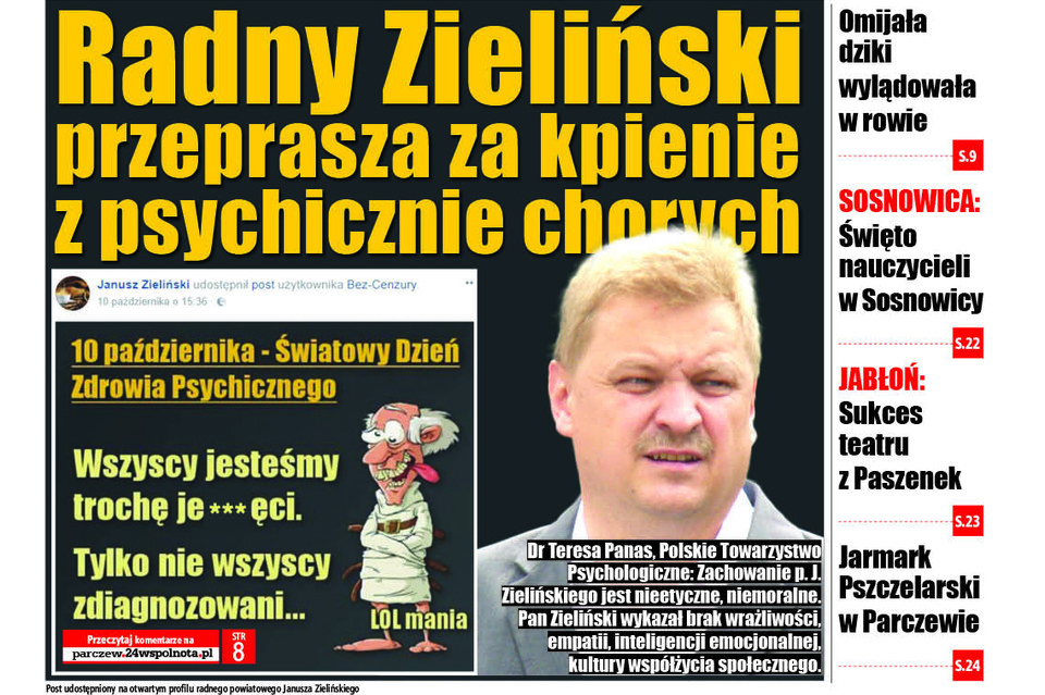 Radny Zieliński przeprasza za kpienie z psychicznie chorych - Zdjęcie główne