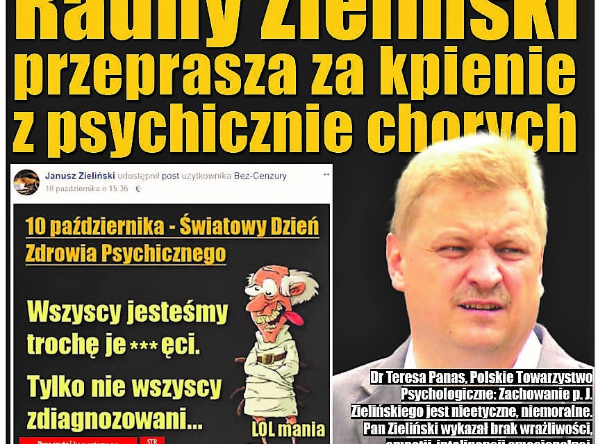 Radny Zieliński przeprasza za kpienie z psychicznie chorych - cały tekst - Zdjęcie główne