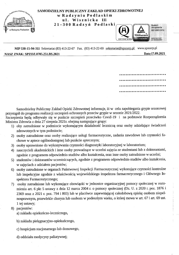 Radzyński szpital prowadzi zapisy na szczepienie ( bezpłatne) przeciwko grypie  - Zdjęcie główne