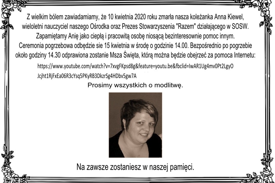 Zmarła Anna Kiewel, nauczyciel SOSW oraz Prezes Stowarzyszenia ,,Razem". Dziś transmisja mszy pogrzebowej  - Zdjęcie główne