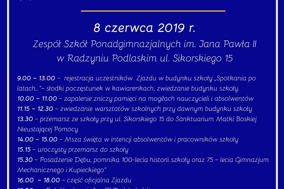 Zaproszenie na I  Zjazd Absolwentów Zespołu Szkół Ponadgimnazjalnych im. Jana Pawła II w Radzyniu Podlaskim - Zdjęcie główne