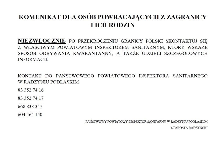 Komunikat dla radzyniaków  wracających z zagranicy: ZGŁOŚ SIĘ DO SANEPIDU  - Zdjęcie główne