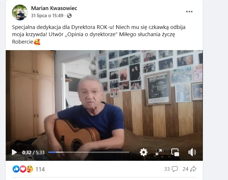 ,, Wydarzyła mi się przykra rzecz z tym dyrektorem Mazurkiem „  - protest song i  publiczna riposta. Marian Kwasowiec śpiewa o tym, że nie wystąpi - Zdjęcie główne