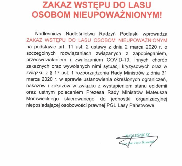 Nadleśnictwo Radzyń Podlaski zakazuje  wstępu do lasu, burmistrz zakazuje zgromadzeń w parku, na ścieżce rowerowej, na placach zabaw  - Zdjęcie główne