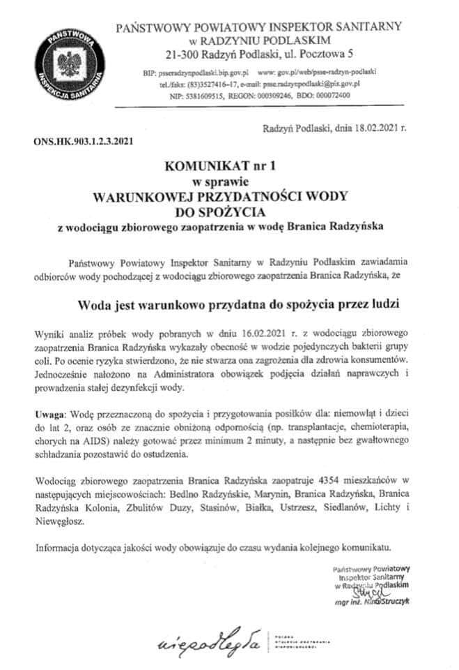 Uwaga! Sanepid ostrzega! Zakażona woda z ujęcia w Branicy Radzyńskiej Kolonii - Zdjęcie główne