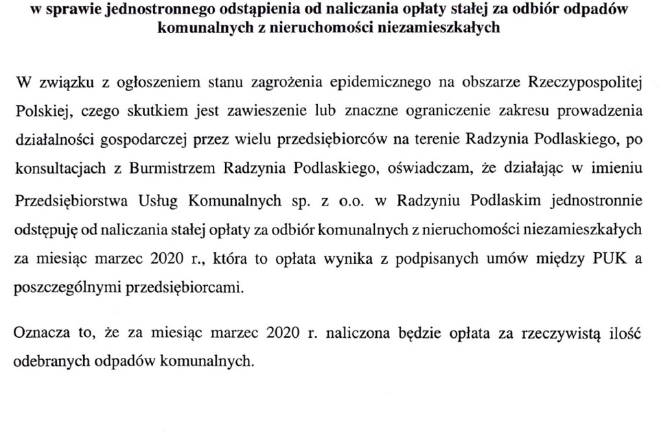 Przedsiębiorstwo Usług Komunalnych odstępuje od stałej opłaty za śmieci za marzec dla przedsiębiorców - Zdjęcie główne