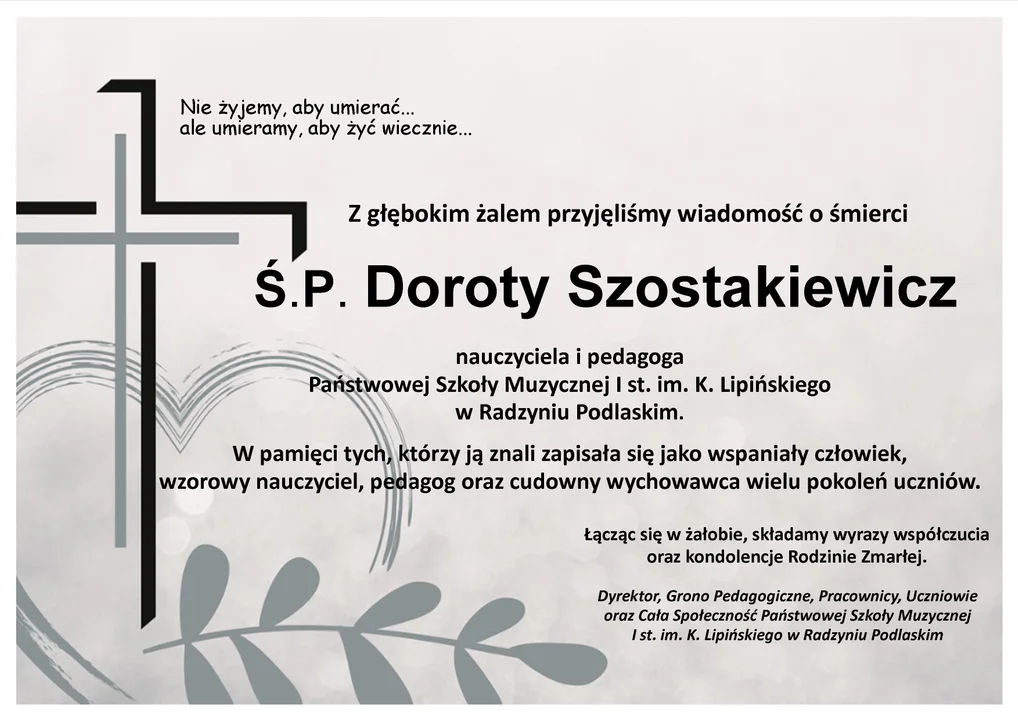 Radzyńska szkoła muzyczna składa kondolencje rodzinie śp. Doroty Szostakiewicz - Zdjęcie główne