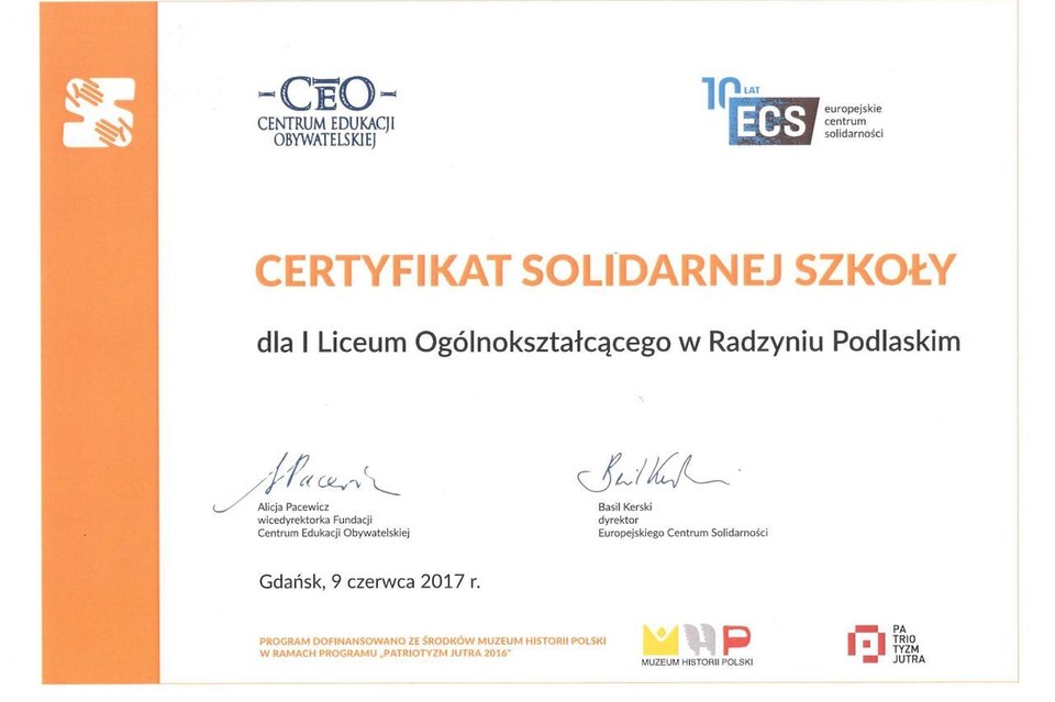 I LO w Radzyniu wyróżnione certyfikatem Solidarnej Szkoły - Zdjęcie główne