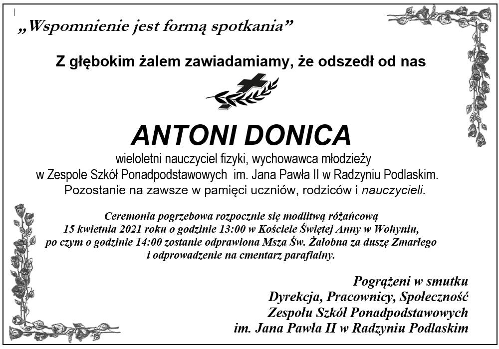 Jutro  ostatnie pożegnanie nauczyciela ZSP Antoniego Donicy  - Zdjęcie główne