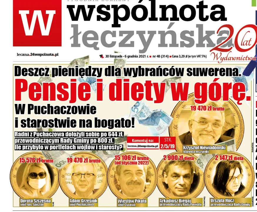 Powiat łęczyński: Deszcz pieniędzy dla wybrańców suwerena. W górę pensje i diety! - Zdjęcie główne