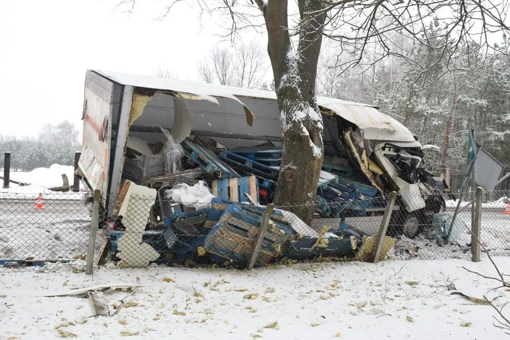 Powiat bialski: Ciężarówka zjechała do rowu i uderzyła w drzewo. Jedna osoba ranna - Zdjęcie główne