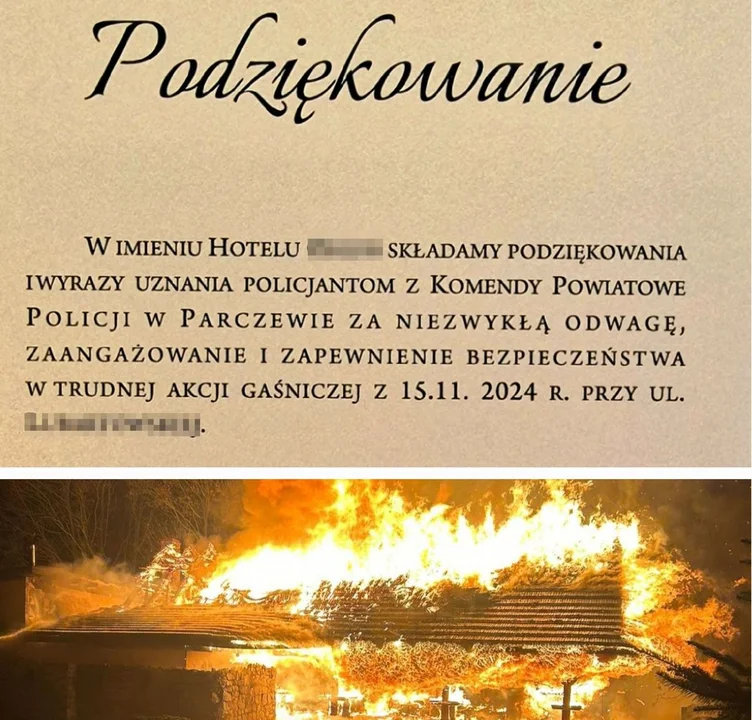 Parczew: Pożar na terenie hotelu. Właściciel podziękował policjantom za pomoc - Zdjęcie główne