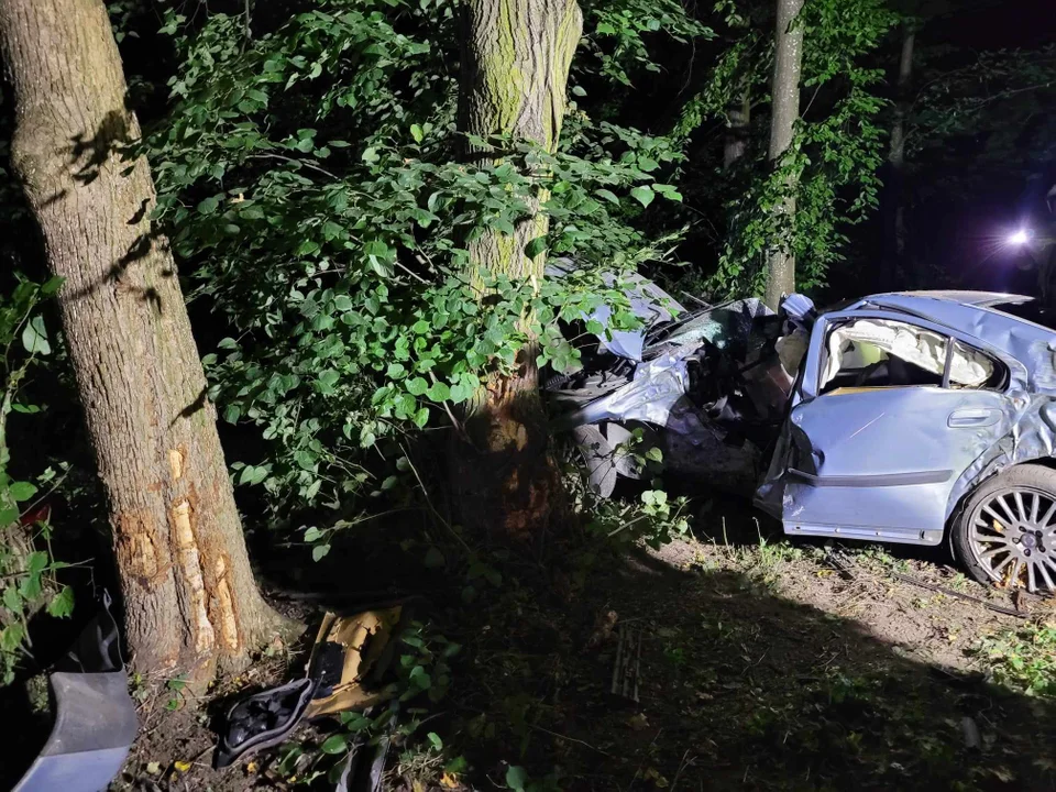 Kamień: Volvo ścięło barierki drogowe i roztrzaskało się na drzewie (ZDJĘCIA) - Zdjęcie główne