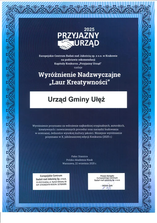 Wyróżnienie dla Urzędu Gminy Ułęż: "Przyjazny Urząd" i "Laur Kreatywności"