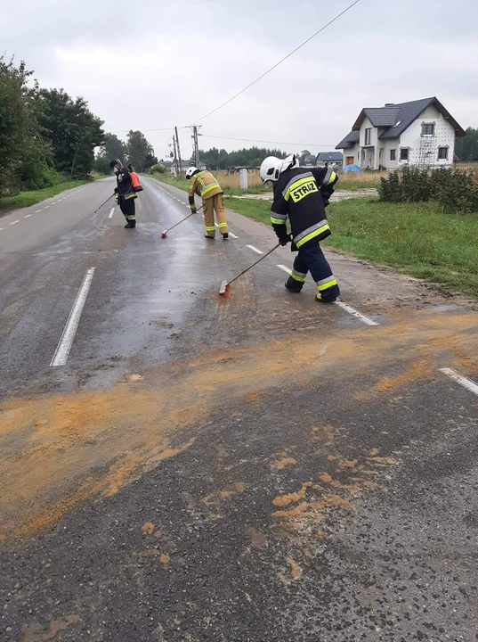 Duża plama na drodze w Adamowie. Pomogli strażacy - Zdjęcie główne