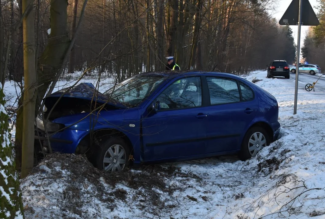 Miejsce wypadku drogowego w Krzówce, stojący przy drzewie samochód Seat