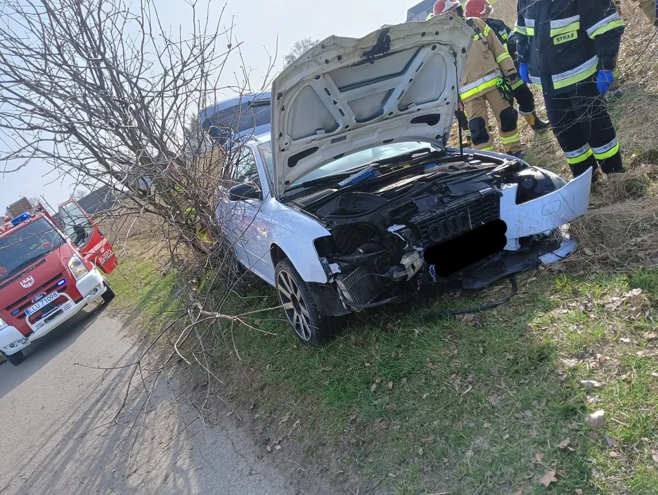 Audi uderzyło w drzewo i przewróciło się na bok - Zdjęcie główne