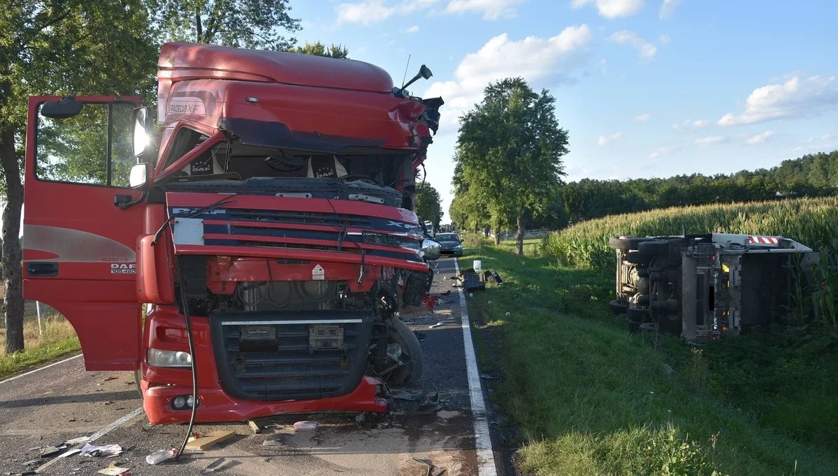 Powiat radzyński: Czołowe zderzenie ciężarówek. Jeden z kierowców chciał wyprzedzić rowerzystkę - Zdjęcie główne