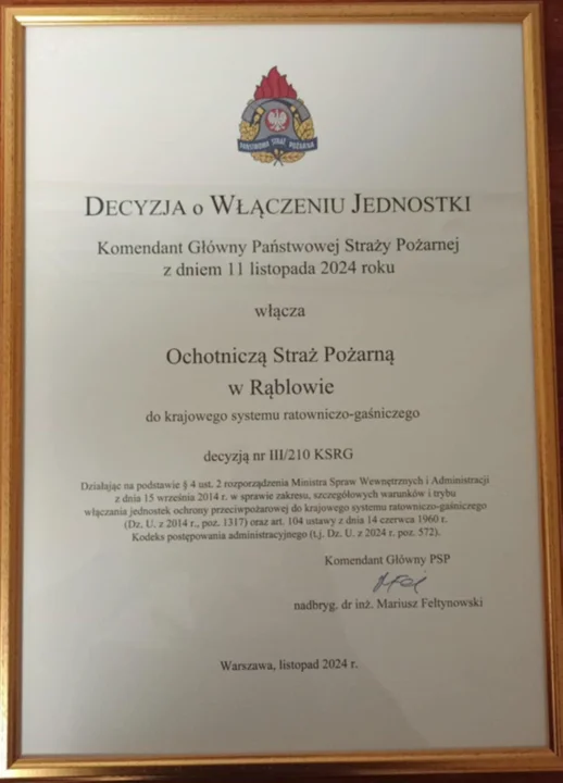 Uroczystość przekazania aktu włączenia OSP Rąblów do KSRG