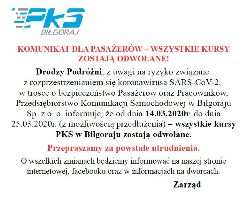 PKS Biłgoraj odwołał wszystkie kursy do 25 marca - Zdjęcie główne