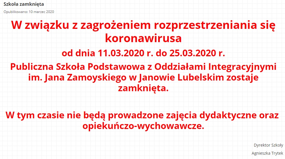 Od dziś zamknięte szkoły w Janowie Lubelskim, a od poniedziałku w całej Polsce - Zdjęcie główne