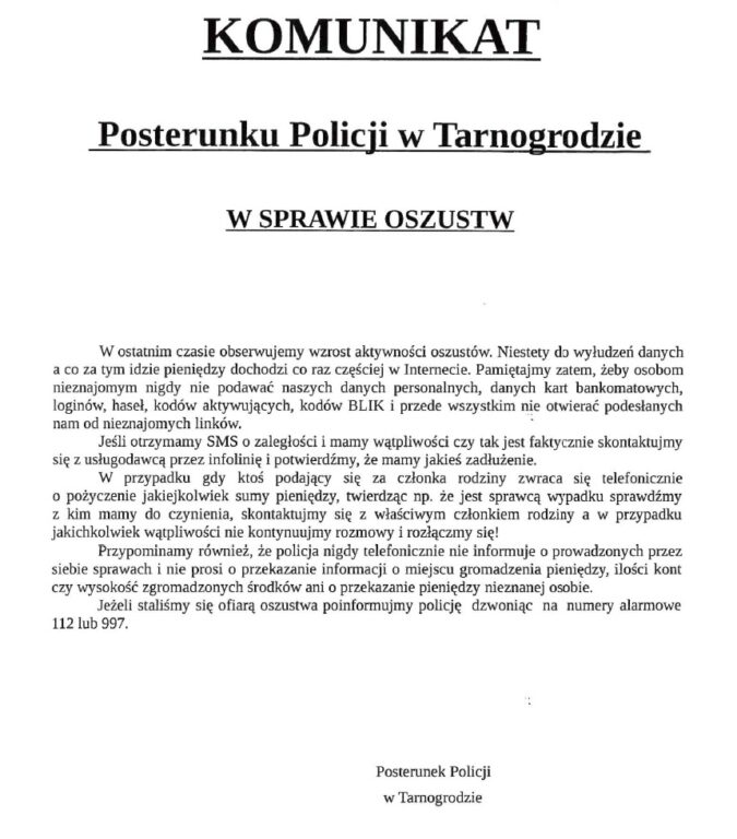 Ważny komunika policji z Tarnogrodu - Zdjęcie główne