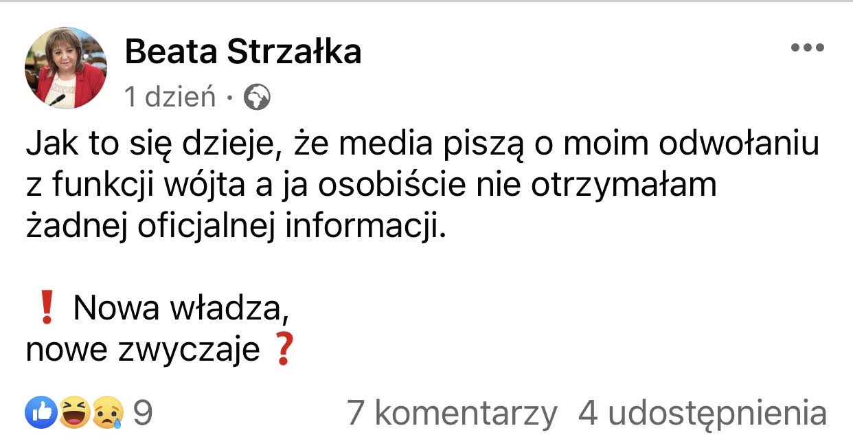 Beata Strzałka o odwołaniu z funkcji wójta dowiedziała się ... z mediów? - Zdjęcie główne