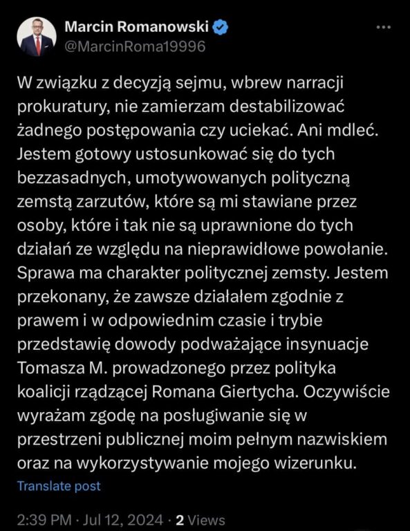 - Nie zamierzam uciekać ani mdleć! - mówi poseł Marcin Romanowski - Zdjęcie główne