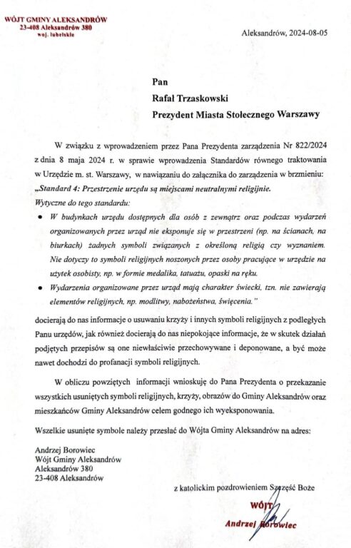 Wójt Aleksandrowa chce przyjąć krzyże z warszawskich urzędów. Wysłał już pismo do Trzaskowskiego - Zdjęcie główne