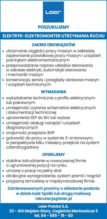 Leier Polska S.A. szuka pracowników - Zdjęcie główne