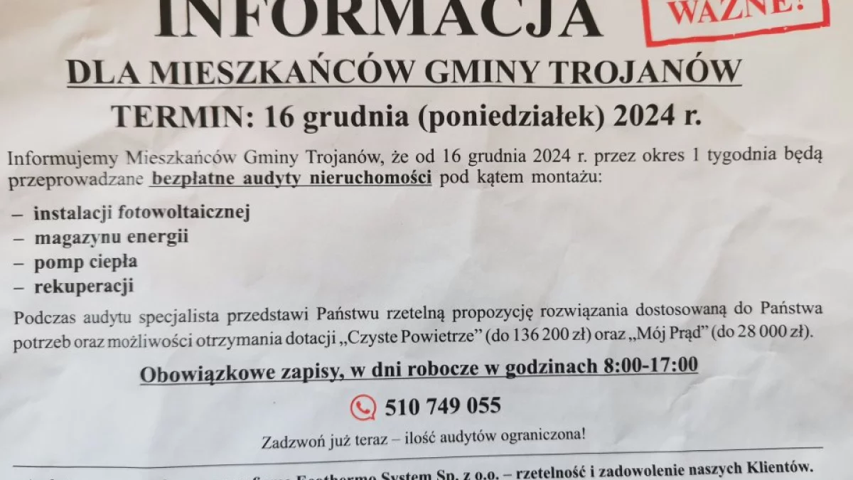 Darmowe audyty? Gmina Trojanów ostrzega mieszkańców - Zdjęcie główne