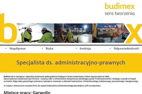 Praca w Budimex: specjalista ds. administracyjno-prawnych - Zdjęcie główne