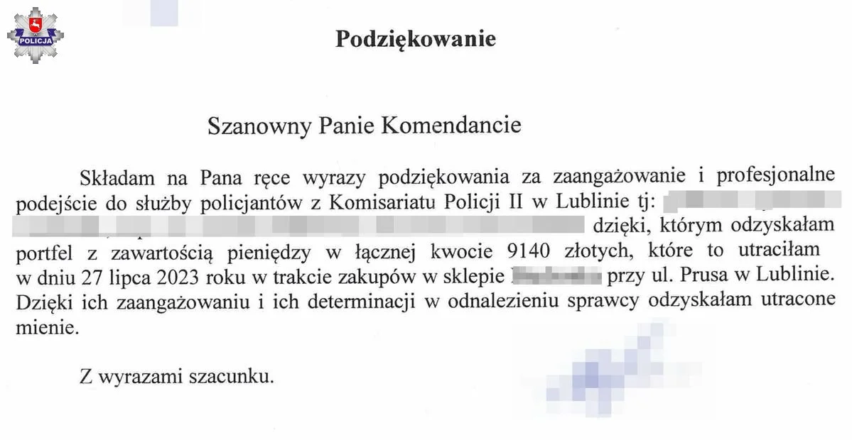 Lublin: Podziękowała policjantom za odzyskanie portfela - Zdjęcie główne