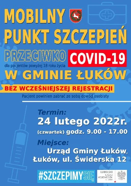 GMINA ŁUKÓW W czwartek 24 lutego kolejna akcja szczepień na covid19. Dla osób powyżej 18 r. życia - Zdjęcie główne