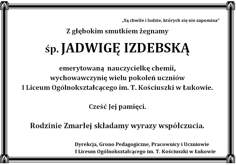 Dzisiaj pożegnano Jadwigę Izdebską, nauczycielkę chemii - Zdjęcie główne