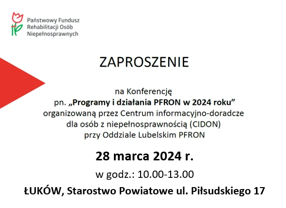 Łuków. Zaproszenie na Konferencję. „Programy i działania PFRON w 2024 roku” - Zdjęcie główne