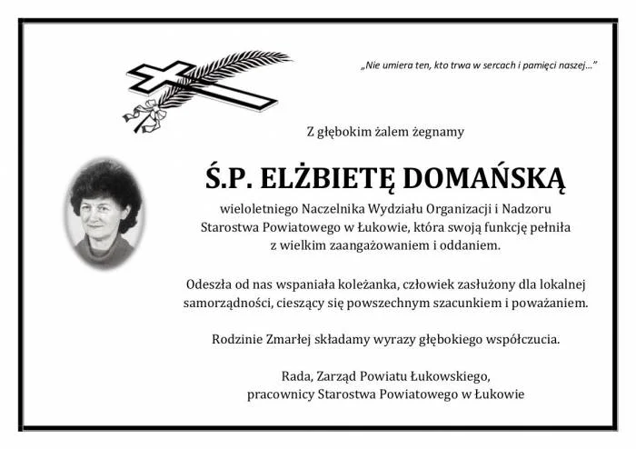 Zmarła Elżbieta Domańska- wieloletnia pracowniczka Starostwa Powiatowego w Łukowie - Zdjęcie główne