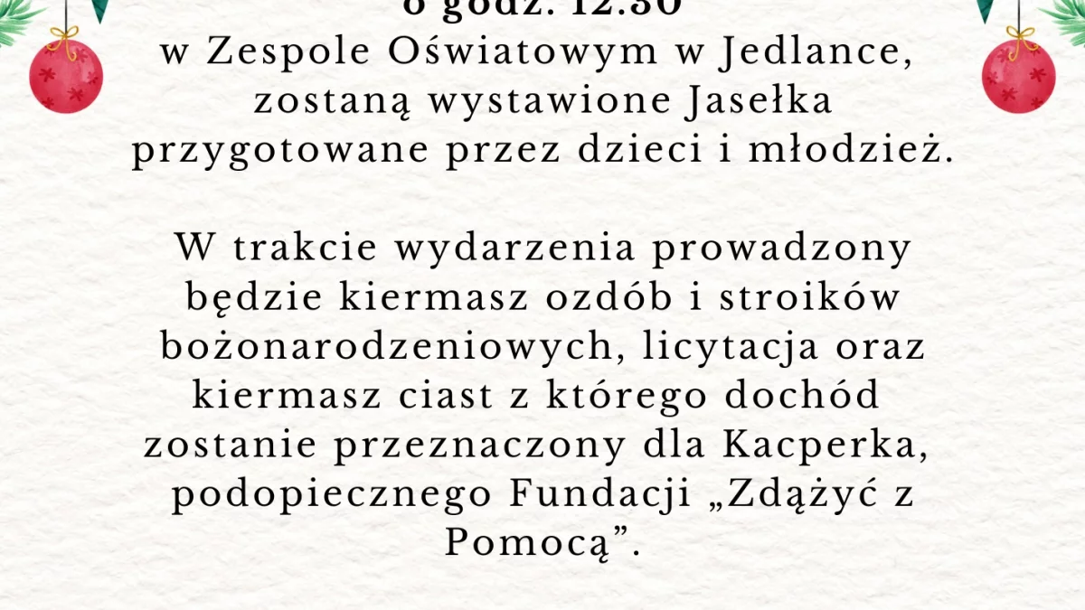 Zaproszenie na jasełka i akcję charytatywną w Zespole Oświatowym w Jedlance - Zdjęcie główne