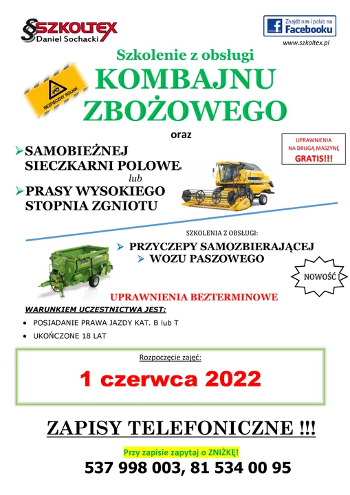 Firma SZKOLTEX Daniel Sochacki zaprasza na szkolenie z obsługi kombajnu zbożowego. - Zdjęcie główne